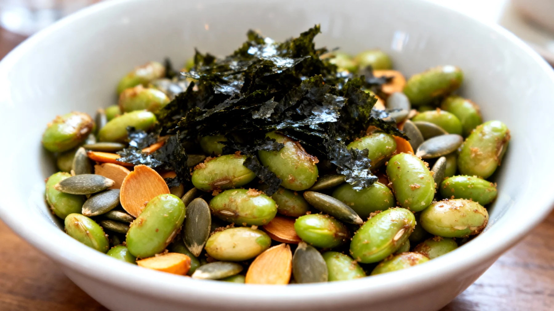 Edamame tostati con semi di zucca e alga nori"