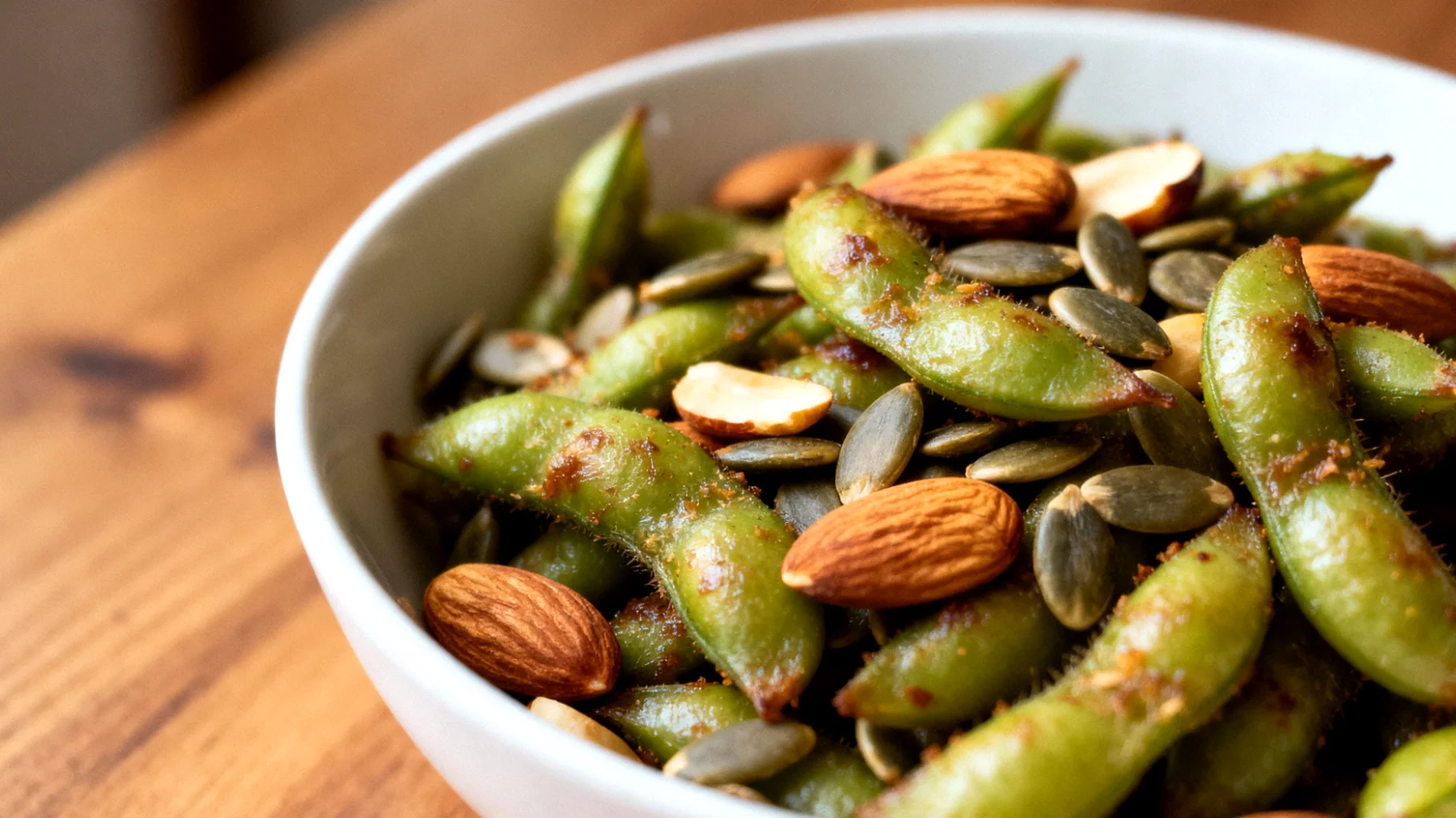 Edamame tostati con semi di zucca e mandorle"