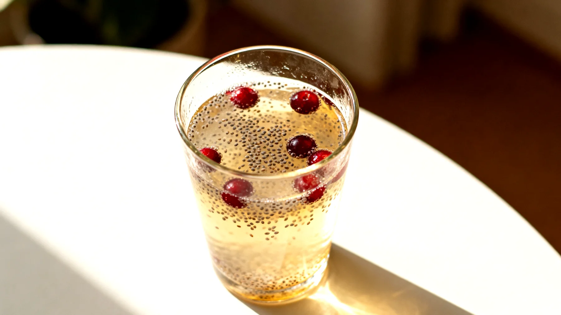 Kefir d'acqua con semi di chia e mirtilli rossi"