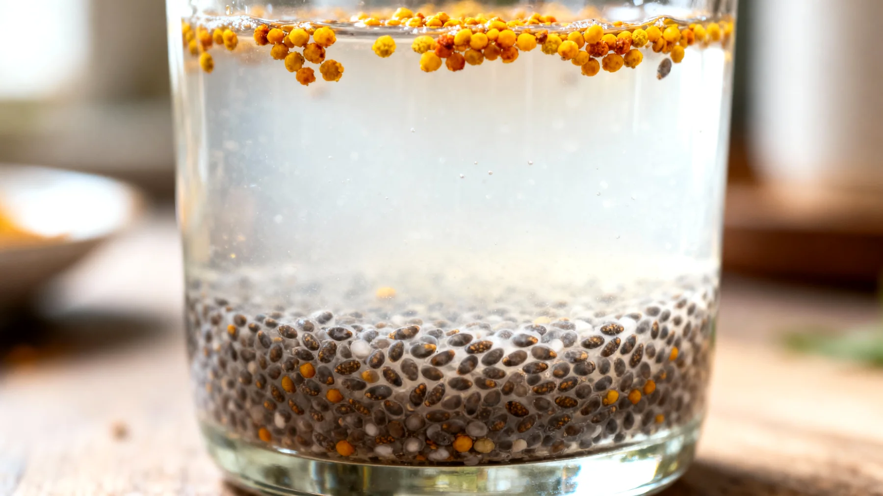 Kefir d'acqua con semi di chia e polline d'api"