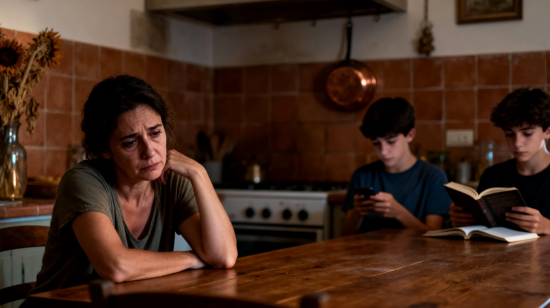 Una mamma che fatica a trovare energie e tempo di qualità per comprendere e supportare i suoi figli adolescenti, sentendosi costantemente divisa tra le esigenze lavorative, domestiche e il bisogno di essere presente in una fase delicata della loro crescita"