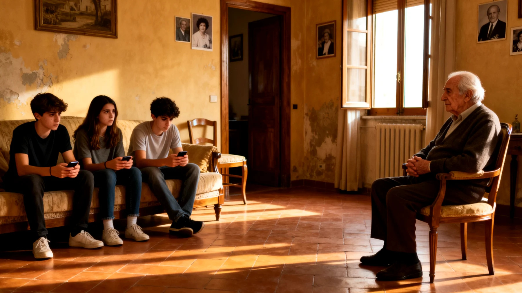 Il nonno fatica a comunicare in modo efficace con i nipoti giovani adulti, che lo percepiscono distante e poco interessato alla loro vita, creando un divario relazionale difficile da colmare"
