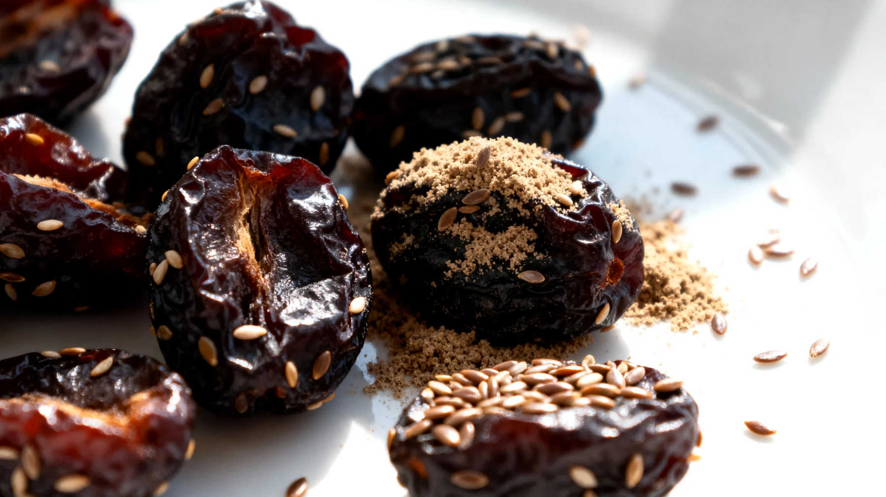 Prugne secche con semi di lino macinati"