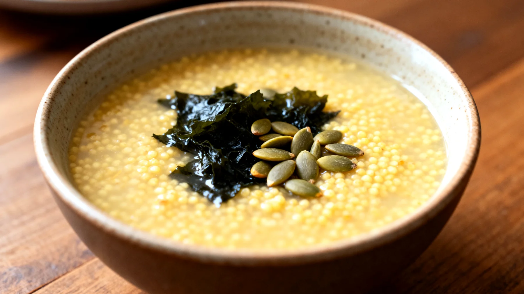 Zuppa di miglio con alghe wakame e semi di zucca"