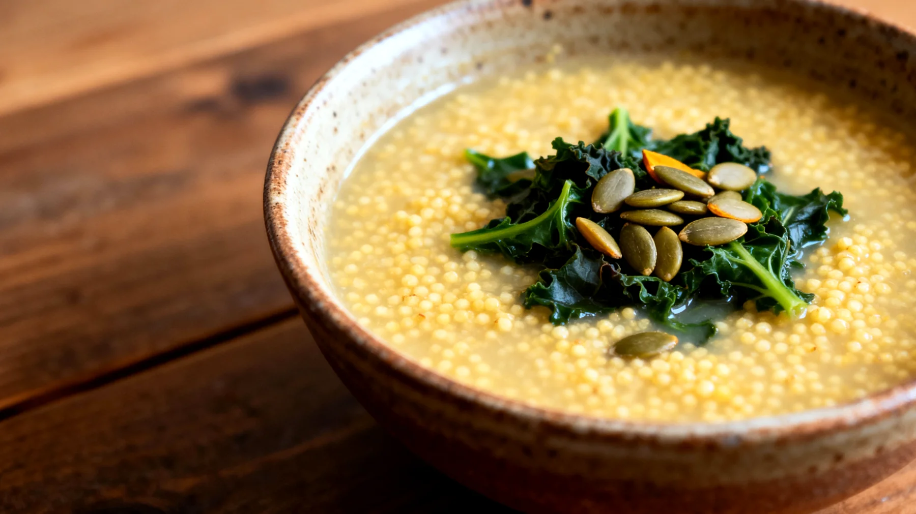 Zuppa di miglio con verdure amare e semi di zucca"