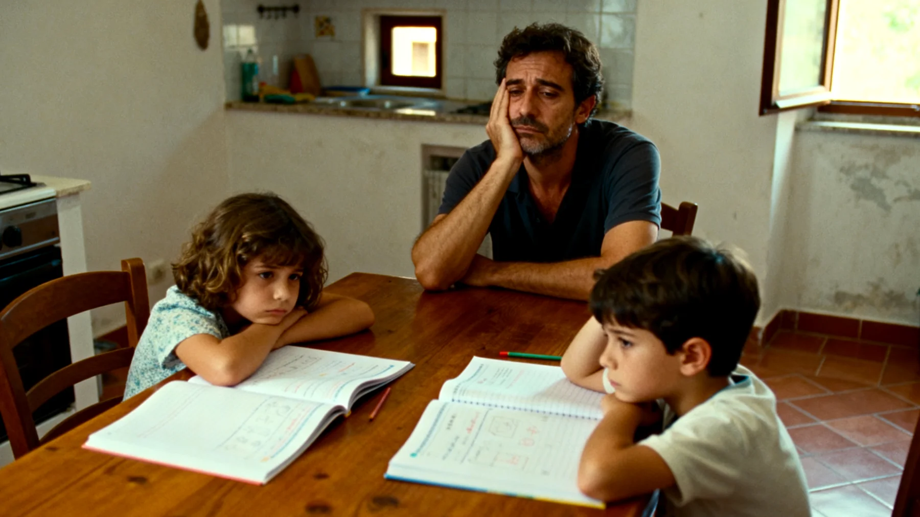 Un papà che fatica a motivare i propri bambini nello studio e nelle attività scolastiche, trovandosi spesso a dover gestire rifiuti, capricci e disinteresse verso i compiti e l'apprendimento"